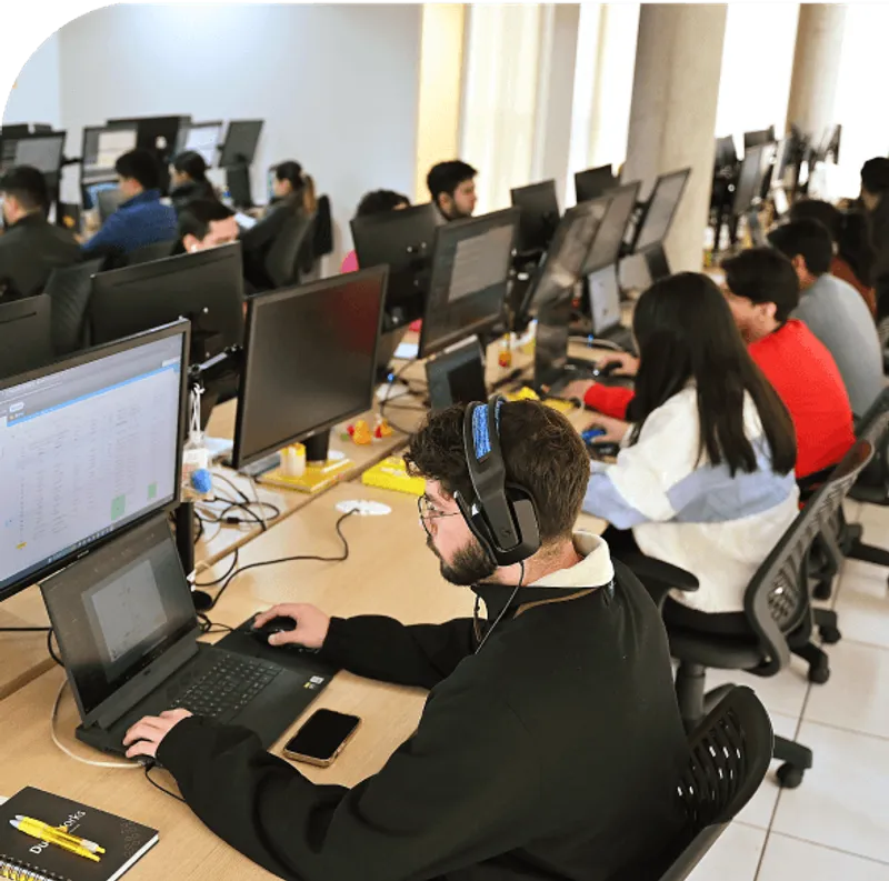 DuckWorks team on headsets collaborating with clients